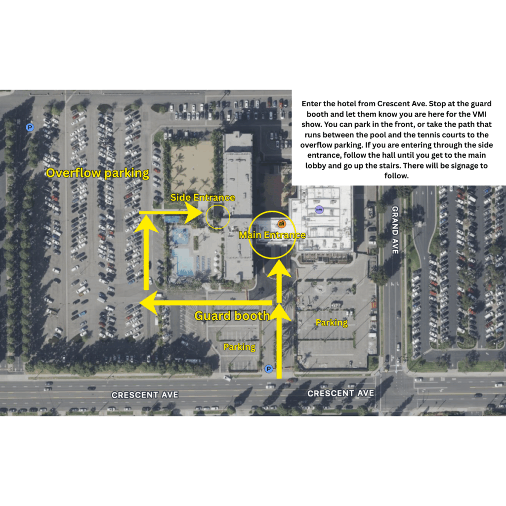 Enter the hotel from Crescent Ave. Stop at the guard booth and let them know you are here for the VMI show. You can park in the front, or take the path that runs between the pool and the tennis co